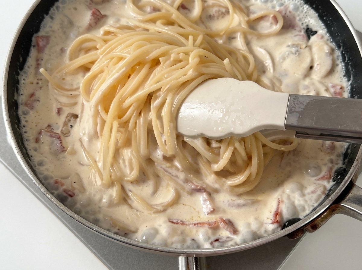 Spaghettis bouillis ajoutés dans une poêle avec une sauce crémeuse et des lardons.