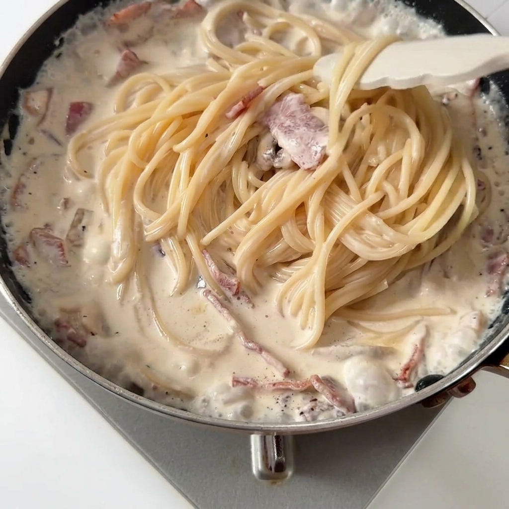 Spaghettis mélangés avec des pinces en silicone blanches dans une poêle avec la sauce, les lardons et les champignons.