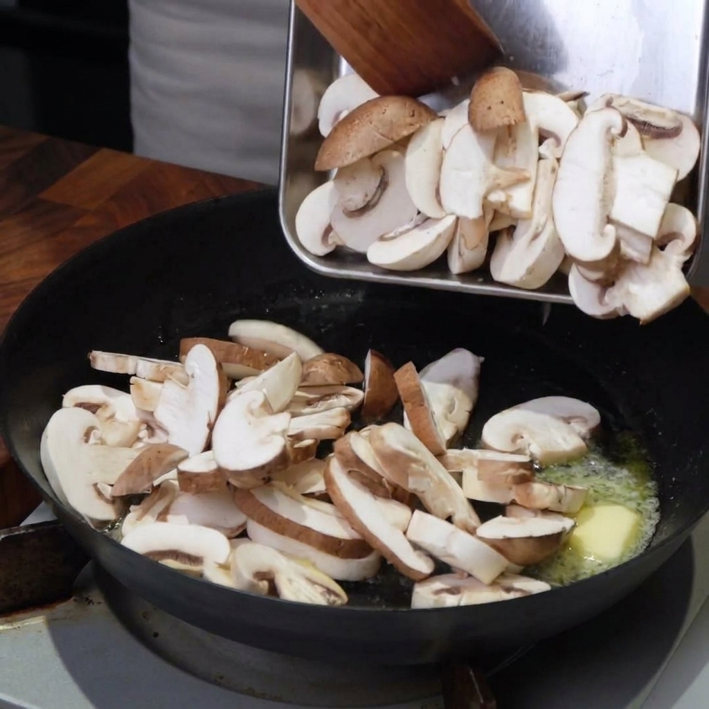 Tranches de champignons ajoutées dans une poêle chaude avec du beurre fondu et de lhuile.