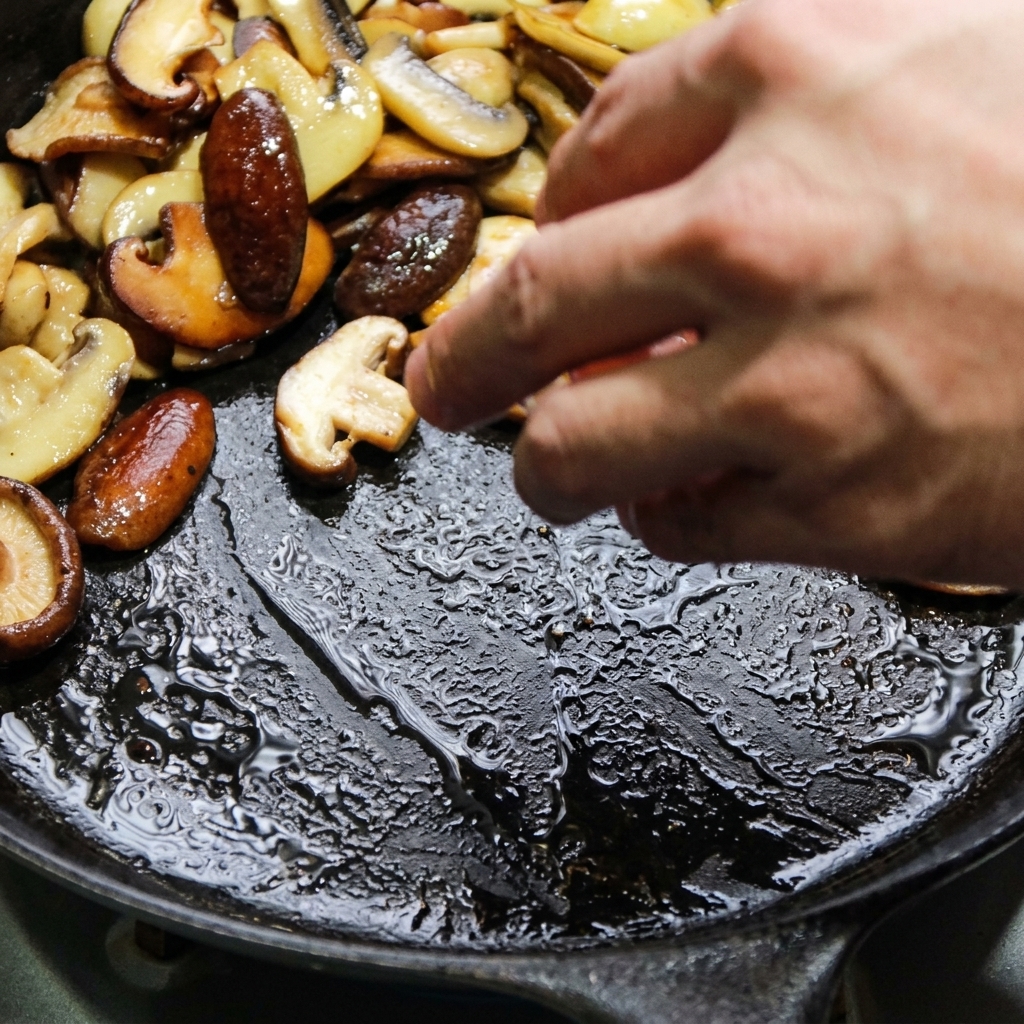 Morceaux de bacon qui grillent dans la poêle avec les champignons sautés.