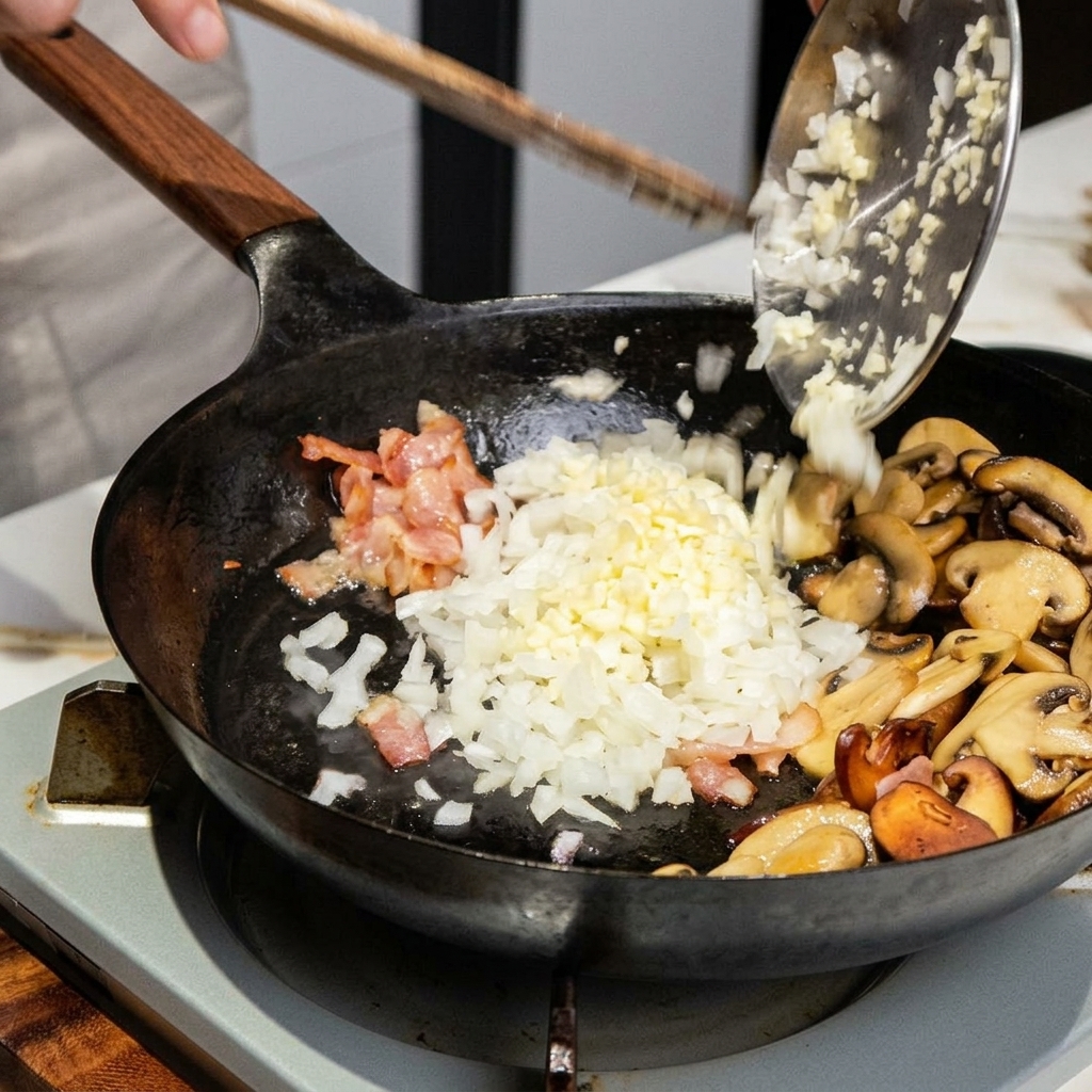 Oignon et ail hachés ajoutés à la poêle pour cuire avec le bacon et les champignons.