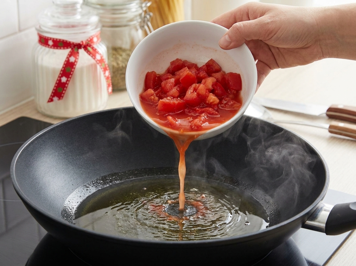 Des tomates rouges en dés versées depuis un bol blanc dans un wok contenant de lhuile chaude.