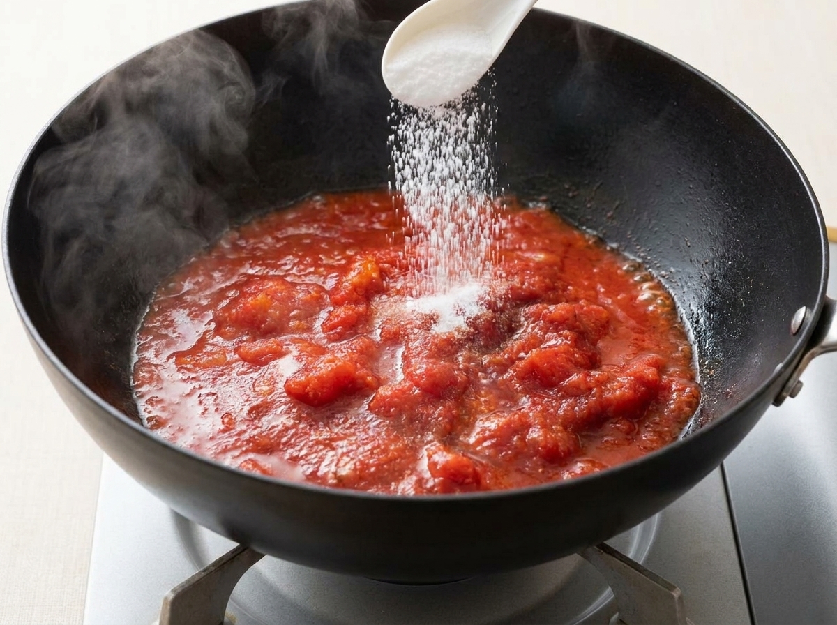 Une cuillère blanche saupoudrant du sel sur un mélange frémissant de tomates et de concentré dans un wok.