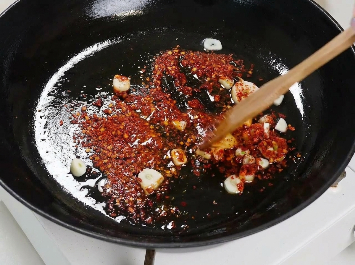 Une poignée de spaghetti secs posés à plat dans une poêle avec de lail et du piment, pressés par une spatule en bois.