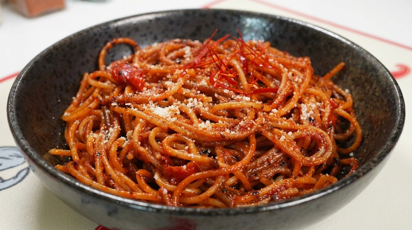 Un généreux bol de Pâtes de lAssassin épicées et poêlées, garni de fromage râpé et de délicats filaments de piment.