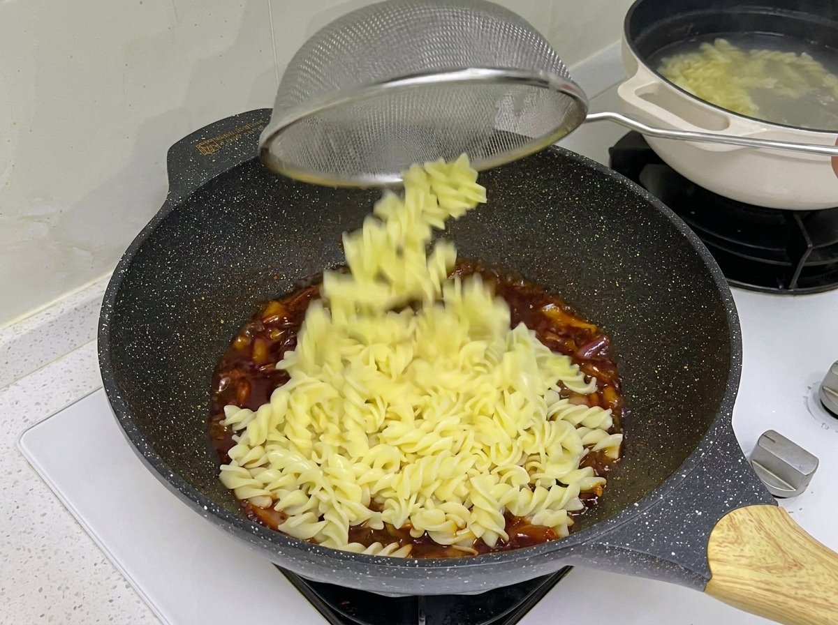 Rotinis cuits transférés avec une écumoire dans le wok contenant le bœuf.