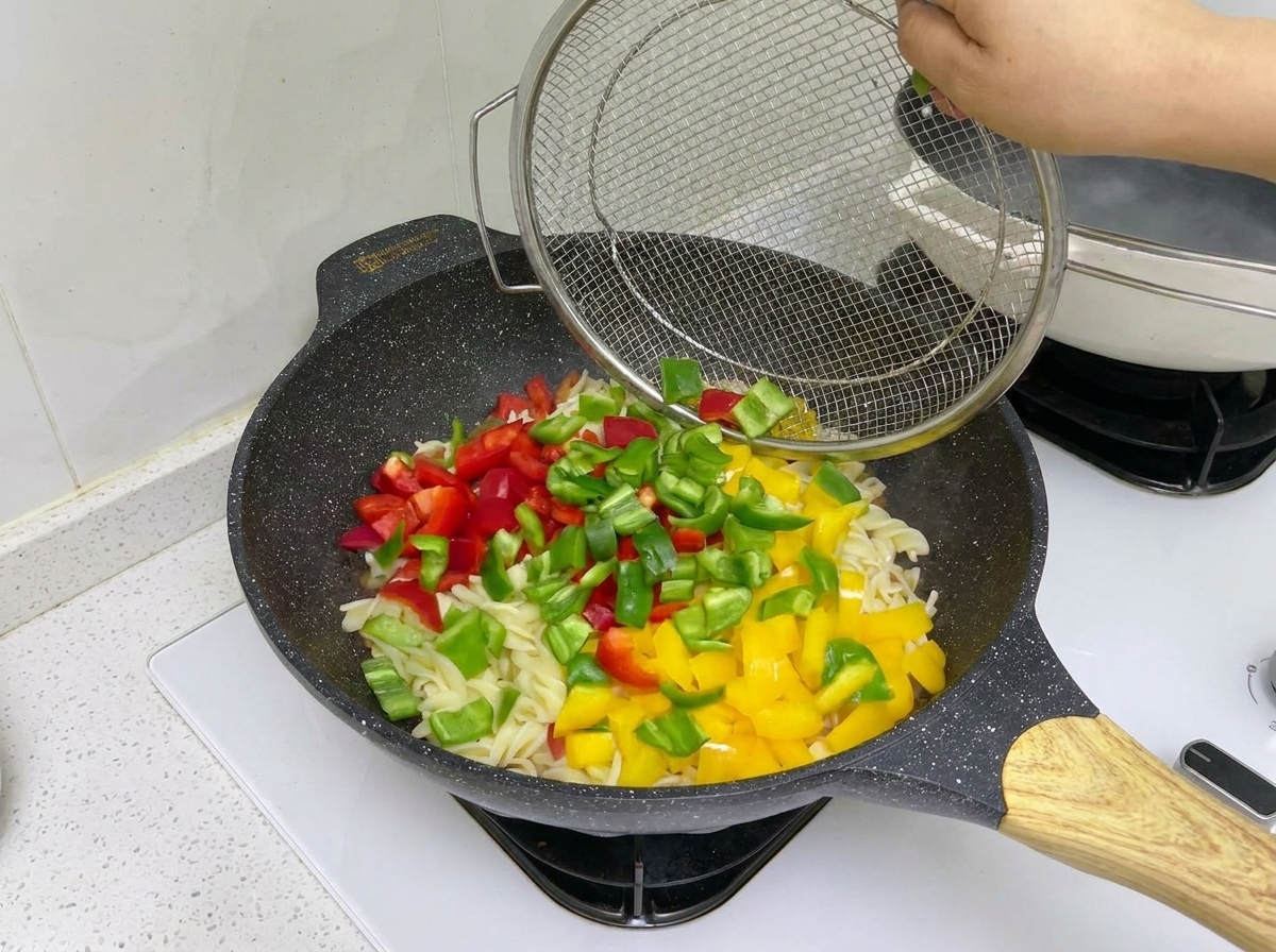Dés de poivrons colorés ajoutés au wok rempli de pâtes et de bœuf.