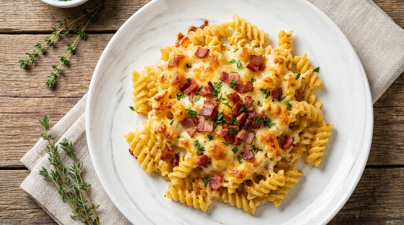 Gros plan en vue de dessus dun gratin de pâtes au bacon et au fromage, servi dans une assiette en céramique blanche à motifs.
