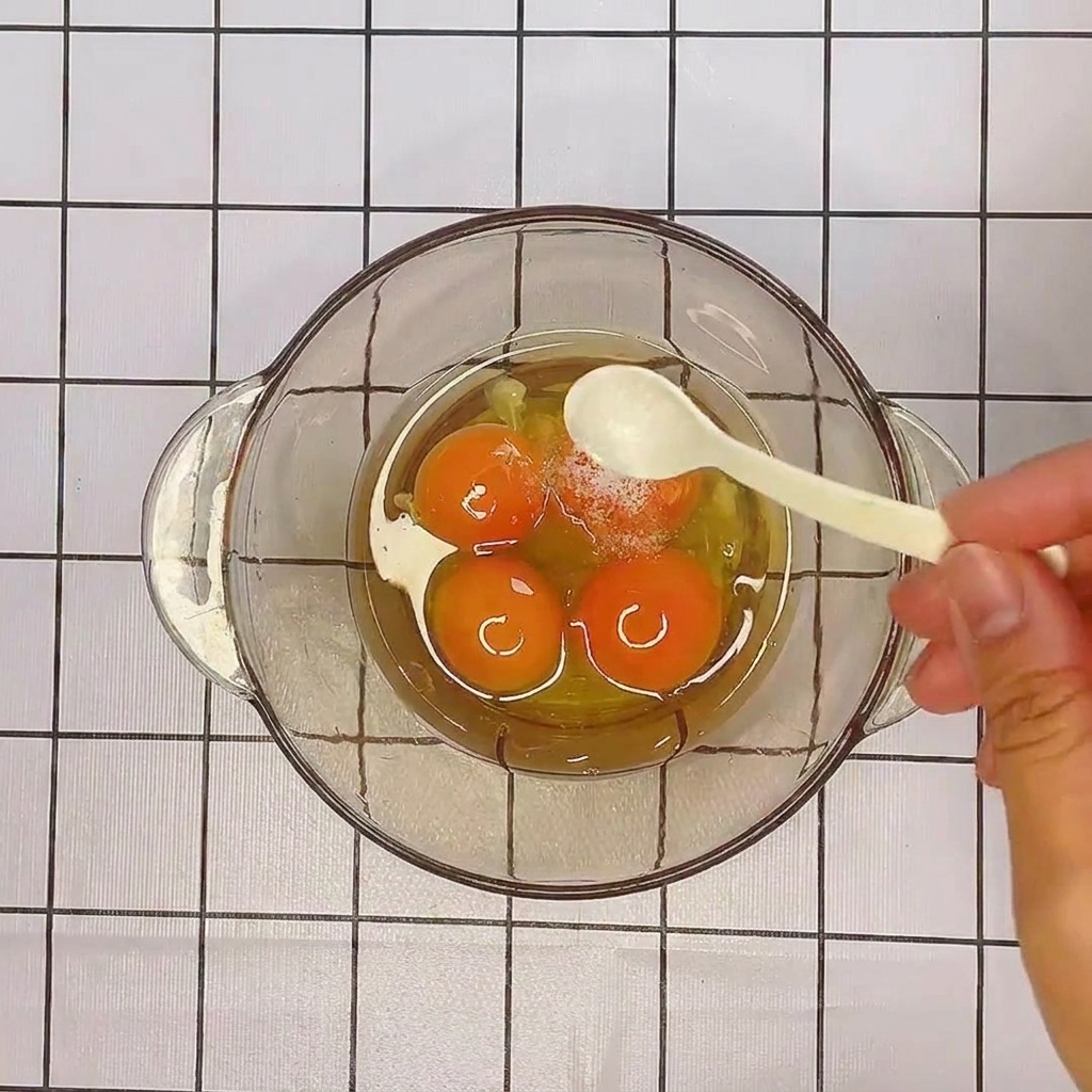 Les ingrédients de la sauce : œufs, sel, poivre et fromage râpé, réunis dans un grand bol en verre.