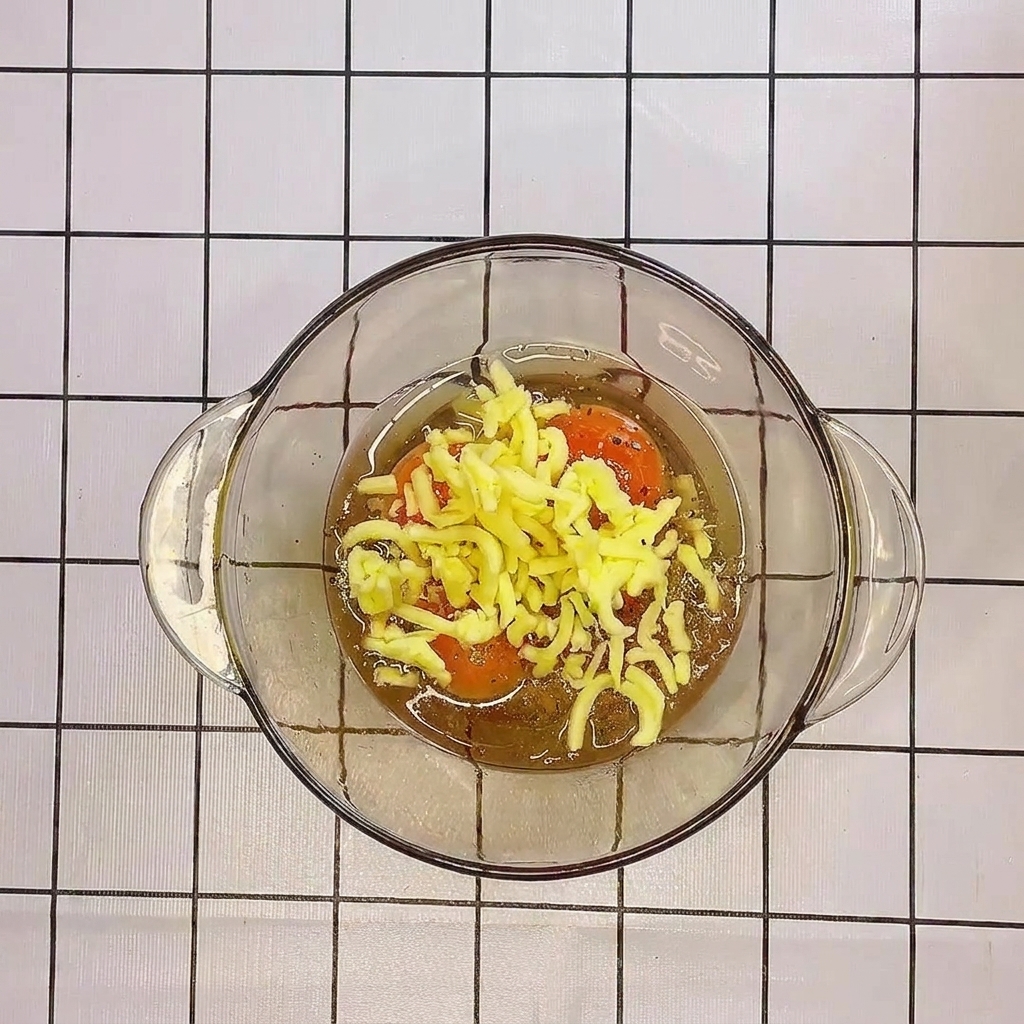 Gros plan sur les œufs et le fromage fouettés ensemble dans un bol en verre.
