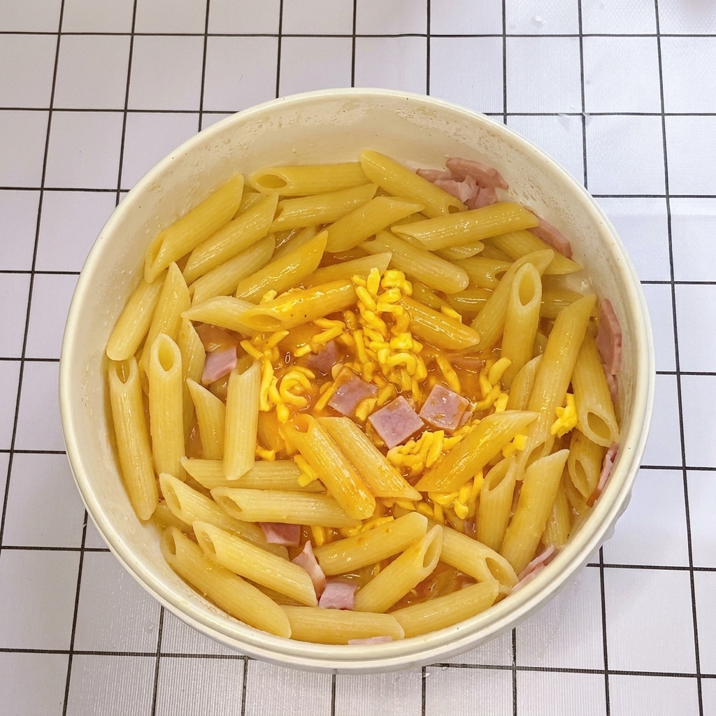 Une poêle contenant des pennes et des lardons sur lesquels on verse le riche mélange dœufs et de fromage.