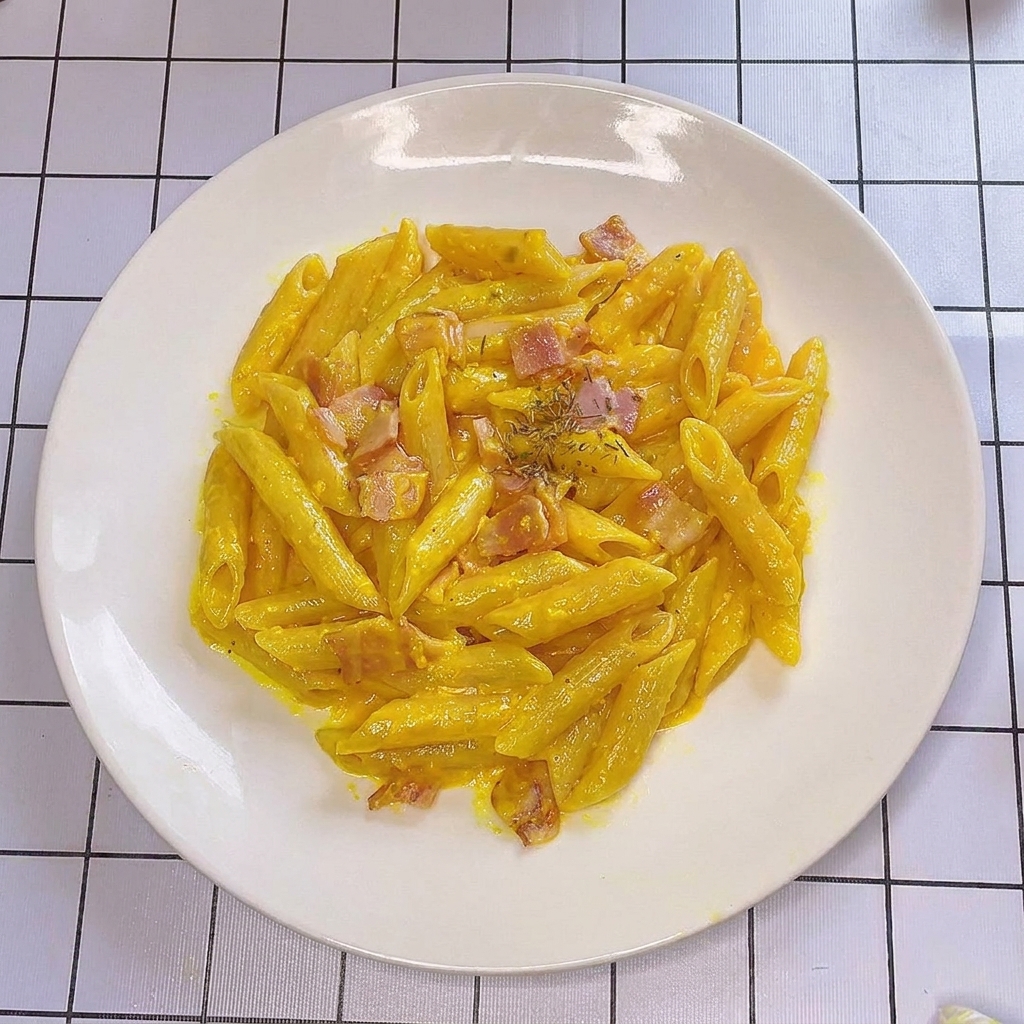 Une assiette de pâtes façon carbonara parsemée dherbes vertes séchées.