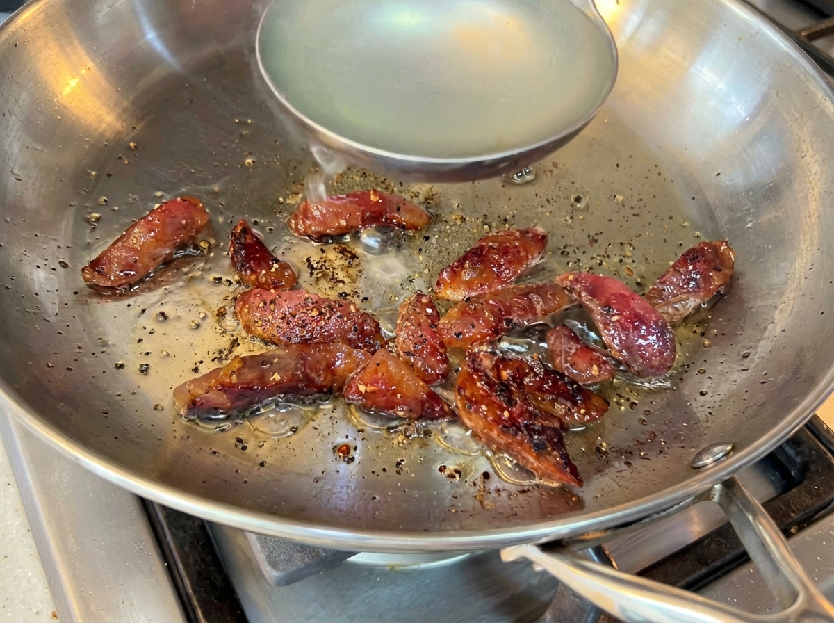 Ajout deau de cuisson des pâtes dans la poêle contenant la viande dorée.