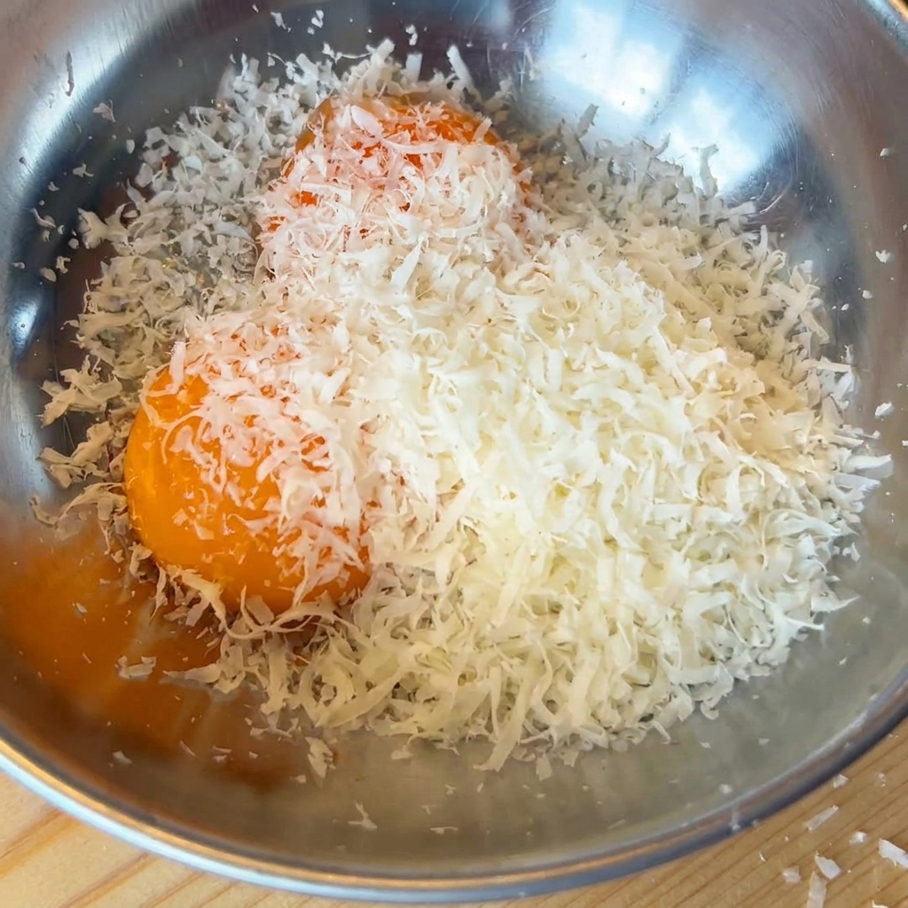 Deux jaunes dœufs dans un bol recouverts de fromage fraîchement râpé.