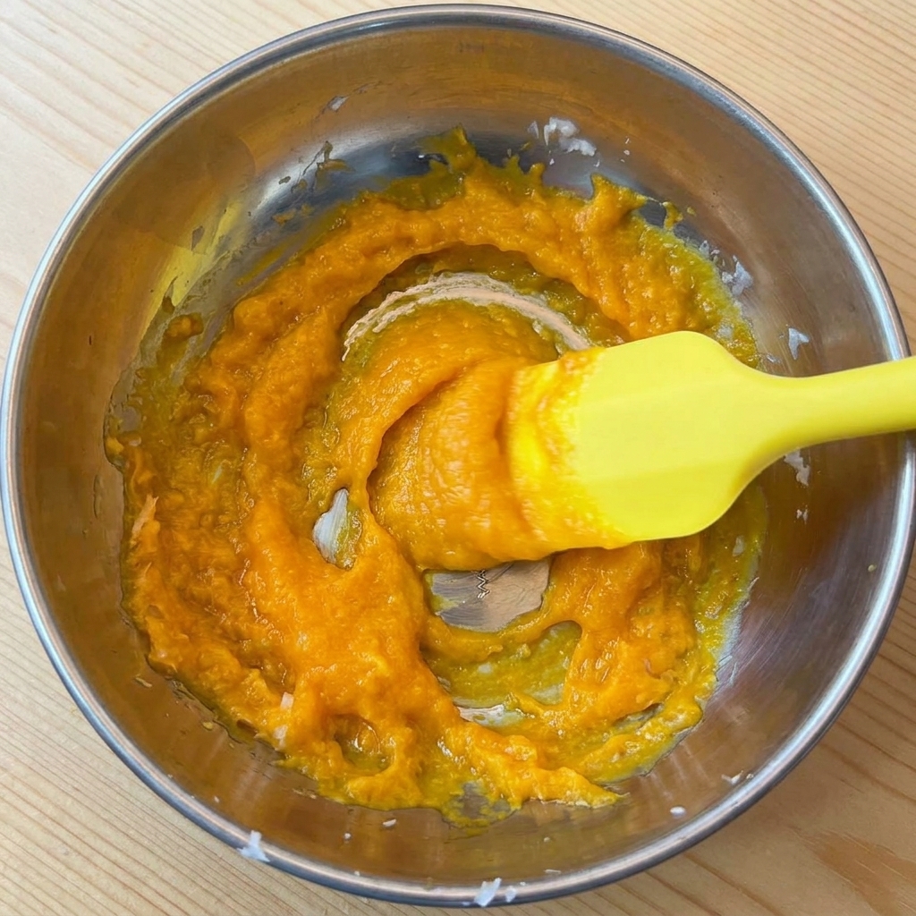 Une pâte épaisse et dorée à base dœufs et de fromage mélangée avec une spatule dans un bol en métal.