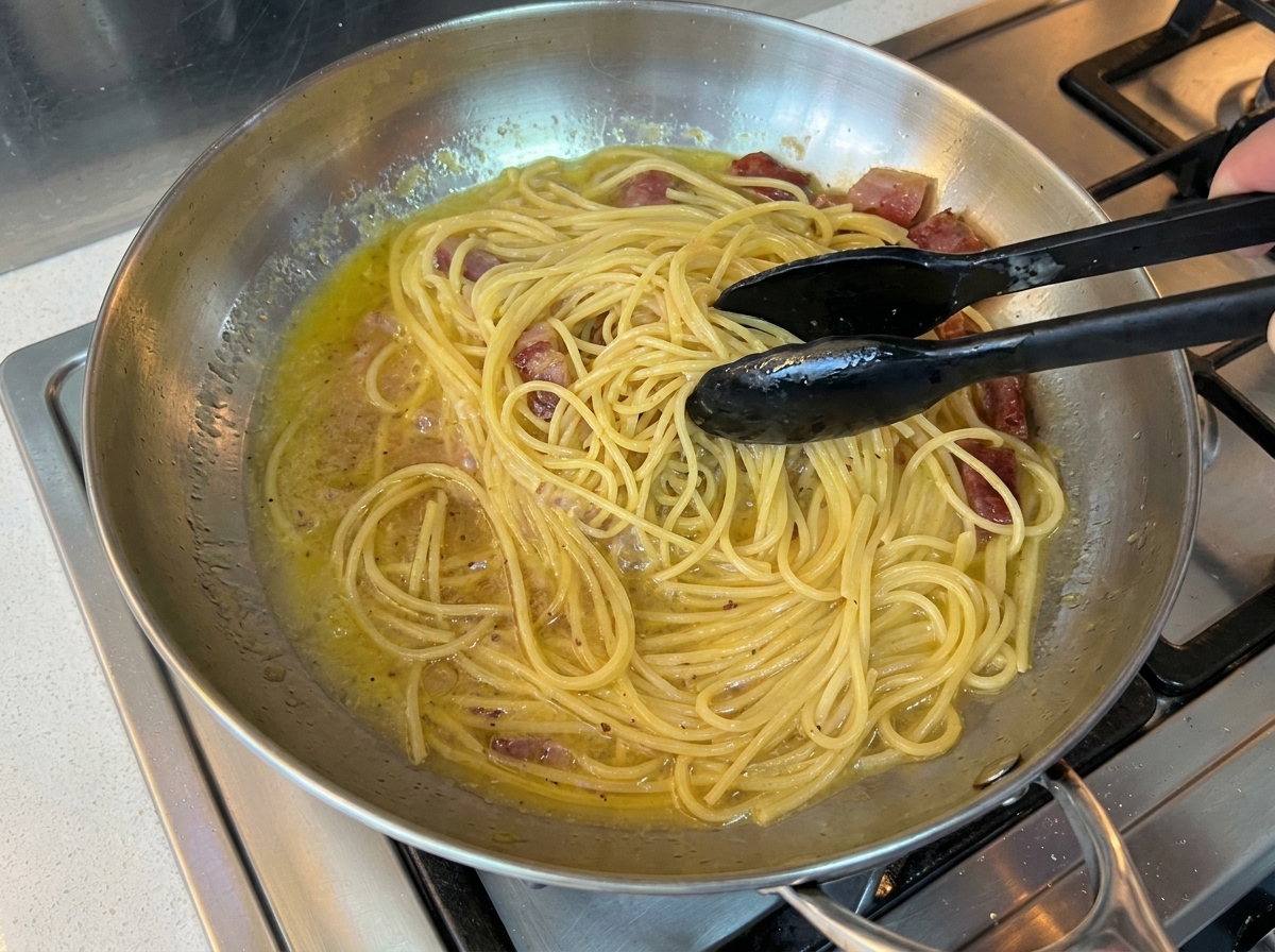 Spaghettis mélangés dans une poêle en inox avec des morceaux de viande et un fond liquide doré.
