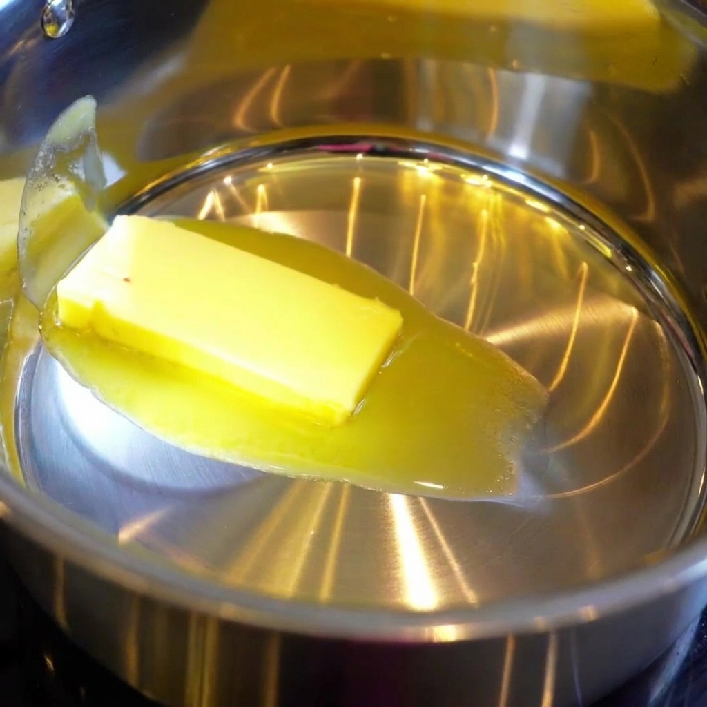 Une noix de beurre fondant dans une casserole en inox avec de la farine pour créer un roux.
