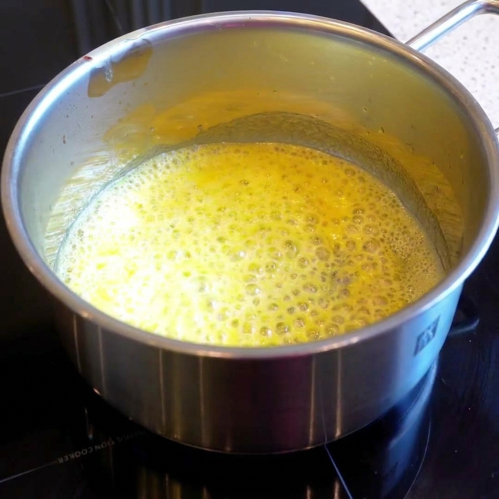 De la crème liquide et du lait incorporés au fouet dans un roux sur la cuisinière.