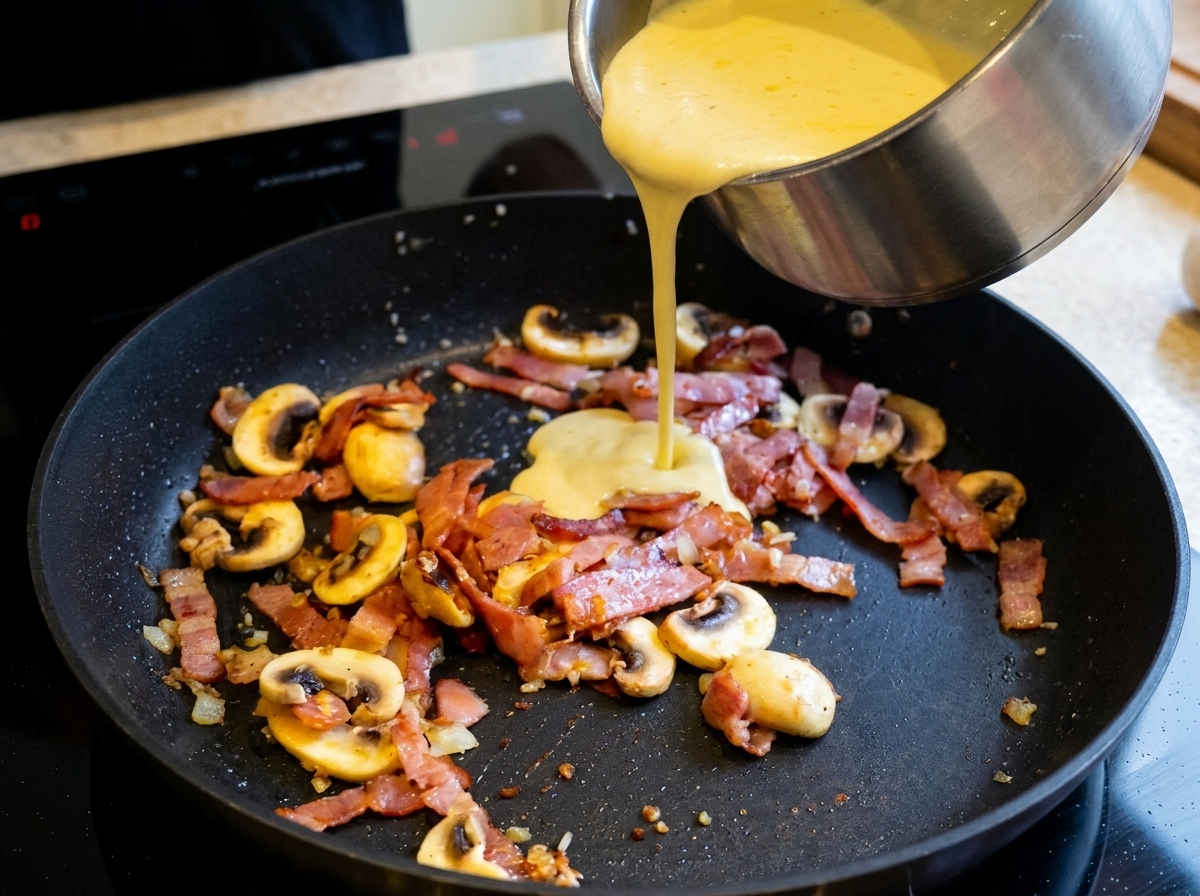 La sauce blanche crémeuse versée dans la poêle sur le mélange de lardons et de champignons.