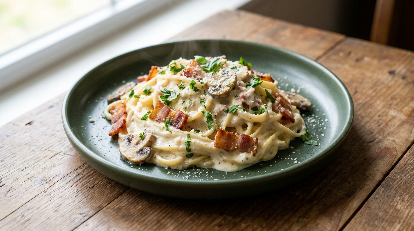Une assiette de pâtes crémeuses aux lardons, nappées dune sauce blanche onctueuse avec des champignons sautés et des morceaux de poitrine croustillante.