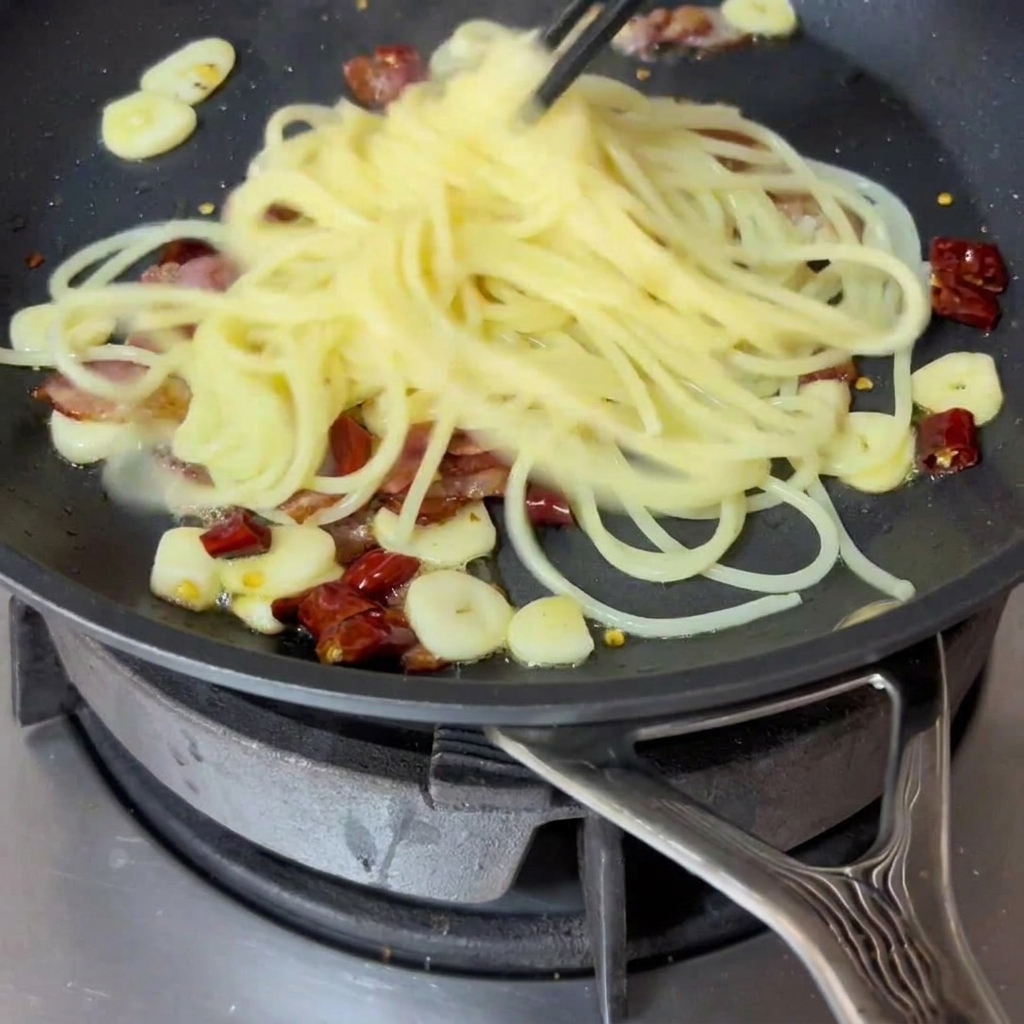 Spaghettis bouillis transférés à laide de baguettes dune casserole vers une poêle contenant le bacon et les aromates revenus.