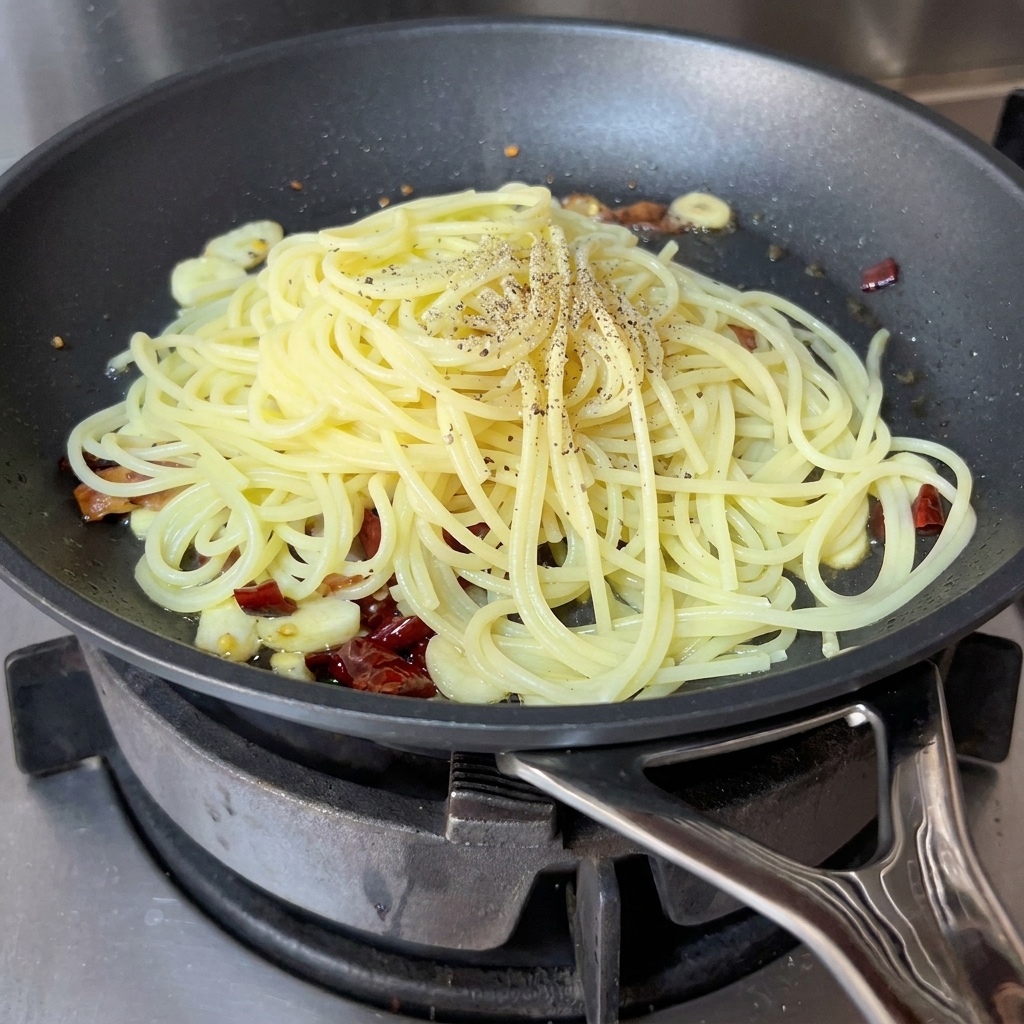 Une main utilisant un moulin à poivre pour assaisonner une poêle de spaghettis cuits, de bacon et de piment.
