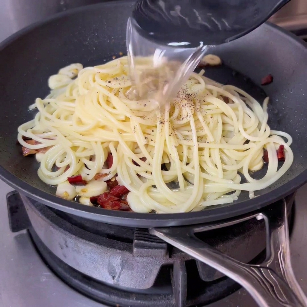 Une louche versant de leau de cuisson trouble des pâtes dans une poêle contenant des spaghettis et du bacon.
