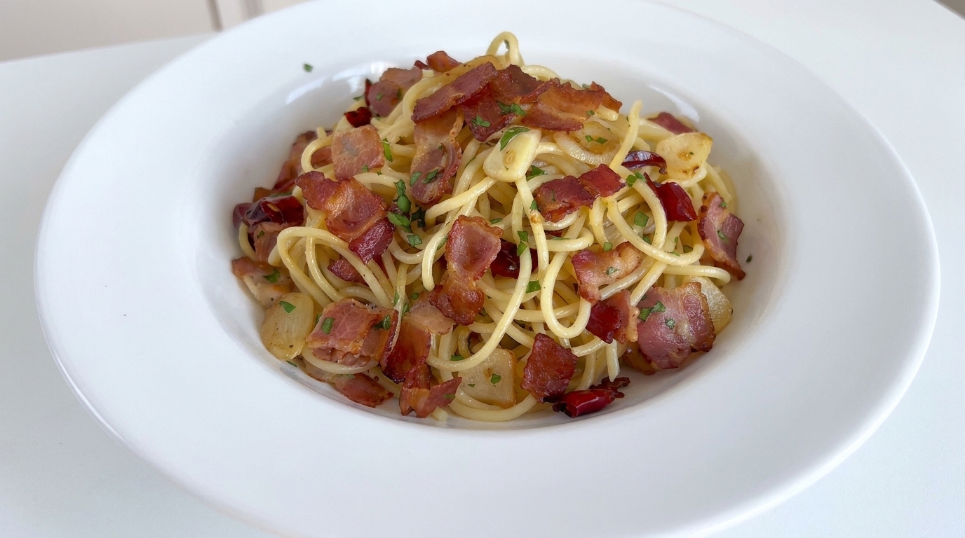 Spaghettis Classiques à l'Ail et au Bacon (Aglio, Olio e Peperoncino)