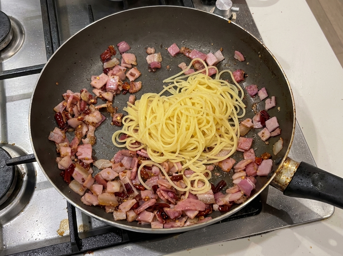 Spaghettis cuits reposant sur des dés de lard et des piments rouges secs dans une poêle chaude avant dêtre mélangés.