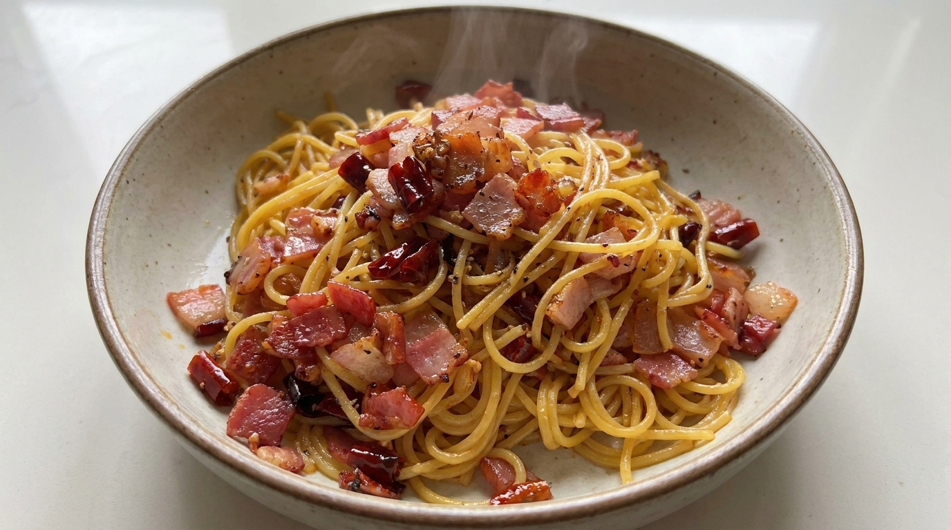 Pâtes au Lard Fumé, à l'Ail et au Piment