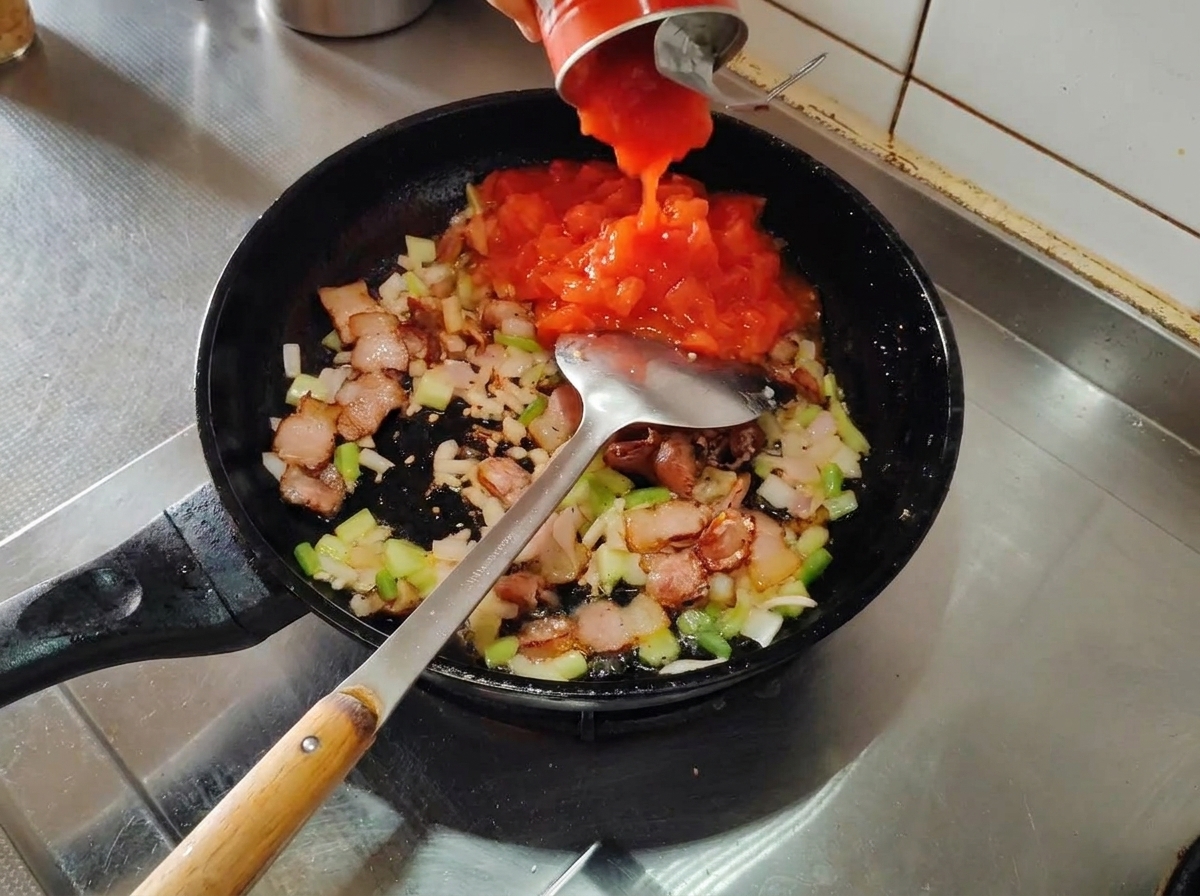 Tomates concassées en conserve versées dune boîte dans une poêle contenant le lard, léchalote et le céleri.