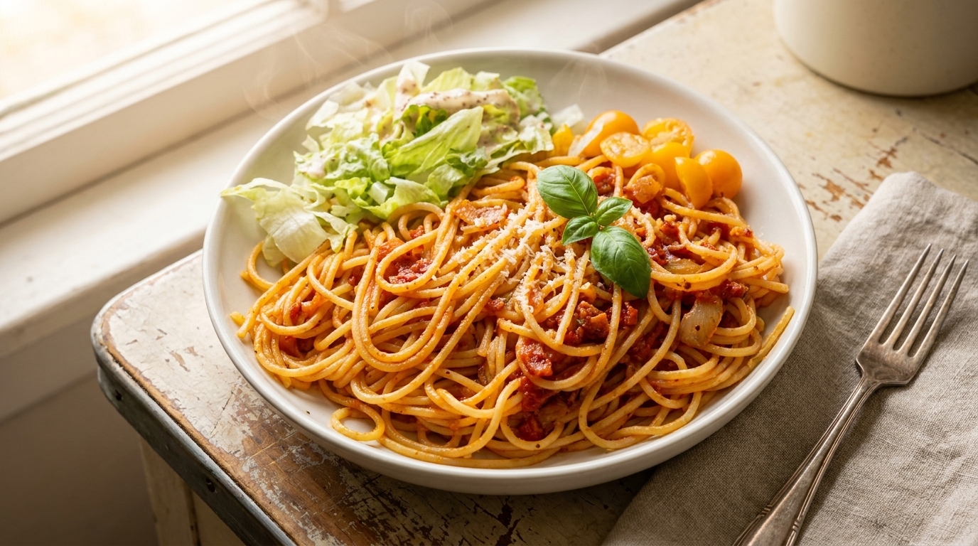 Une portion de spaghetti au lard et à la tomate parfaitement dressée, servie avec un peu de laitue fraîche et des tomates cerises jaunes.