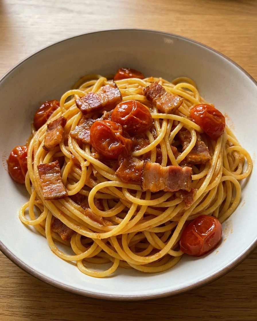 Spaghetti mélangés dans une poêle avec le bacon et les tomates, nappés dune sauce brillante.