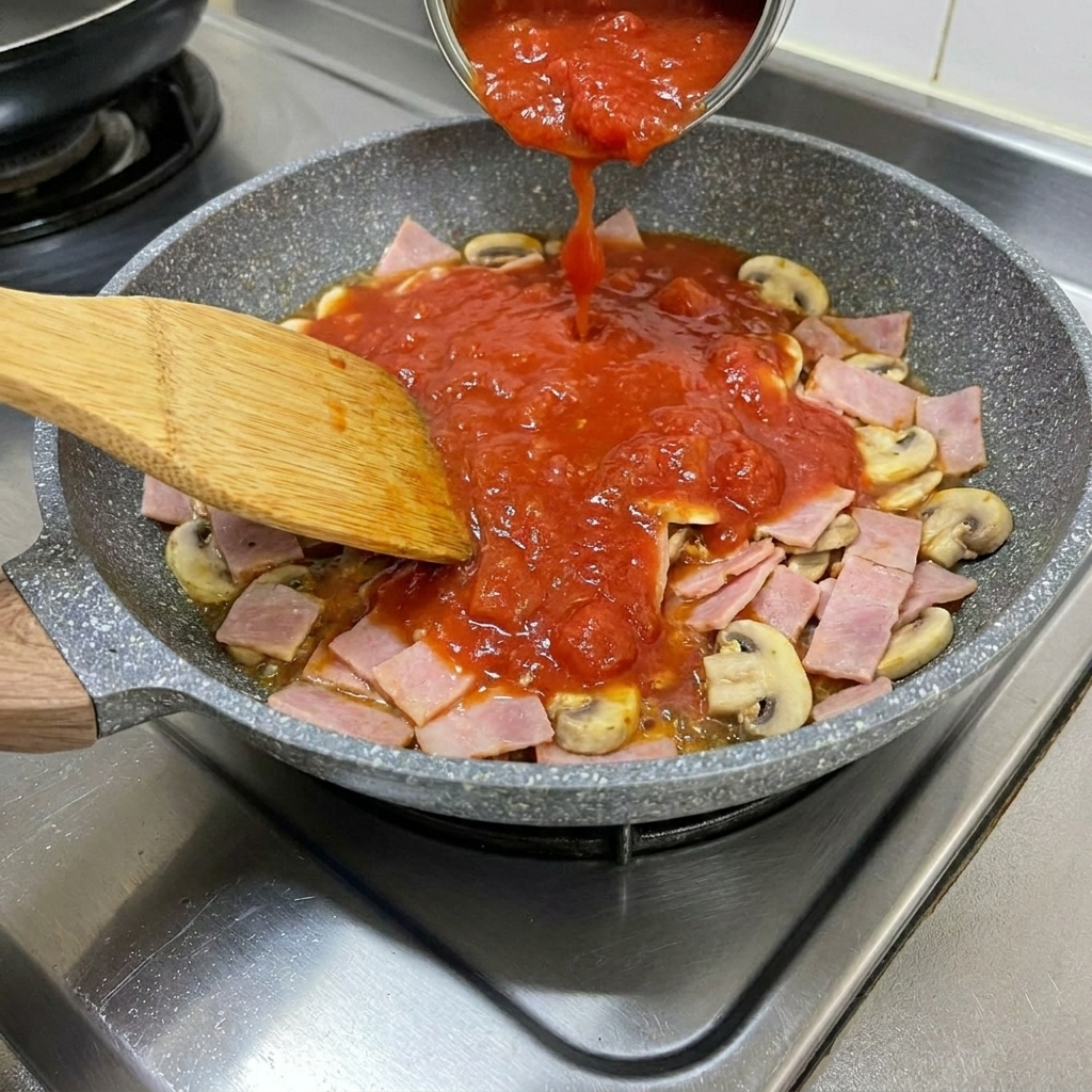 Des tomates concassées versées dans une poêle contenant du bacon et de lail.