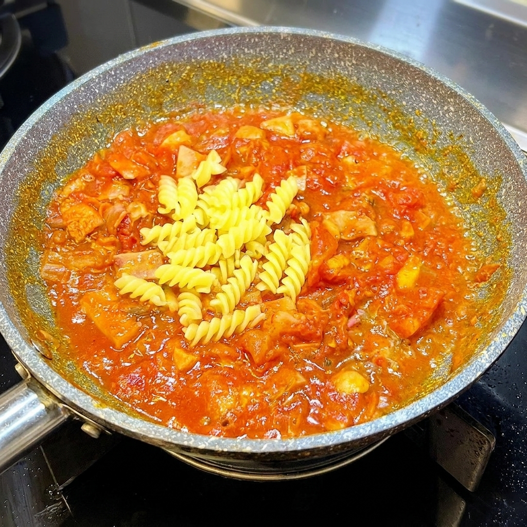 Des fusilli cuits mélangés à une riche sauce tomate au bacon.