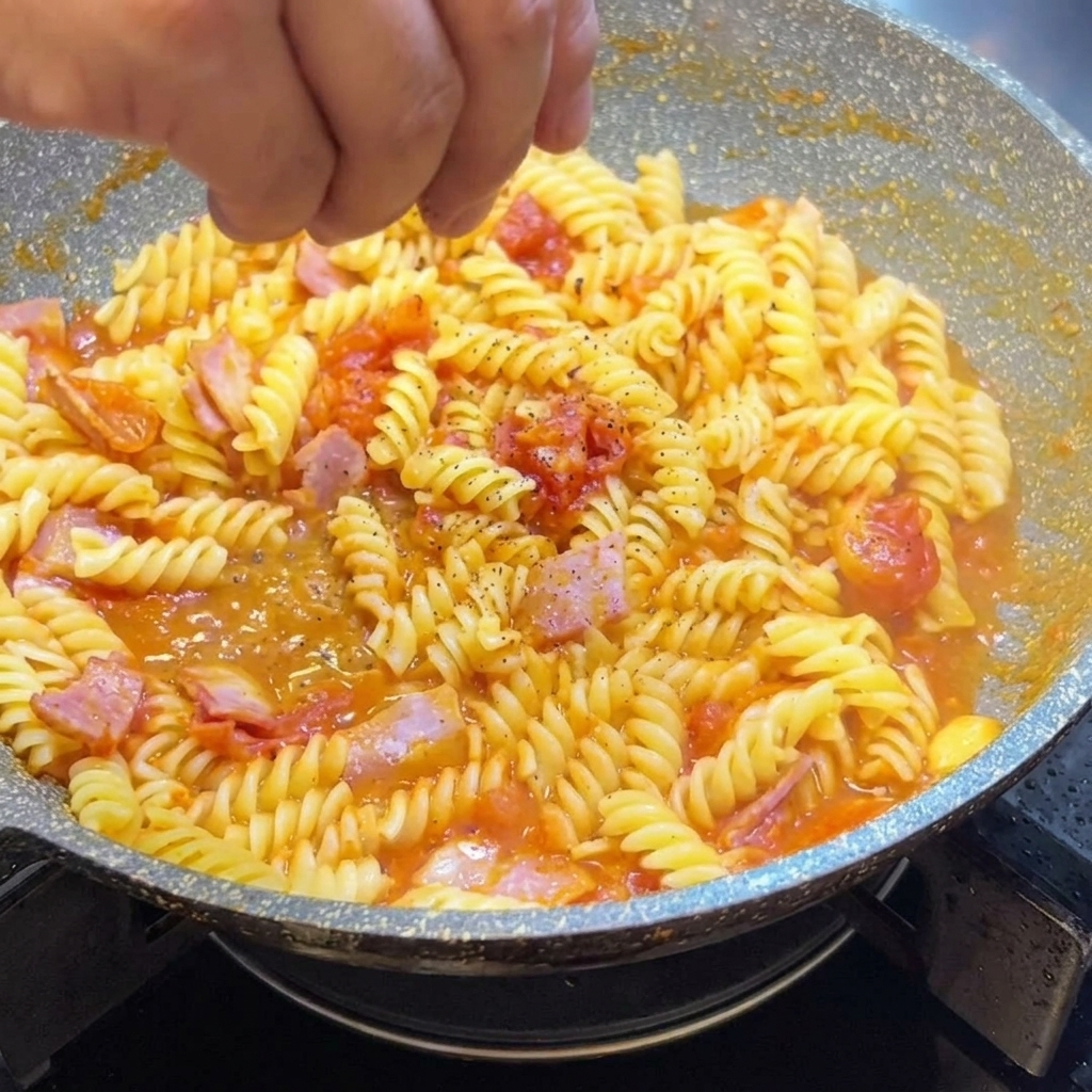 Une poêle de pâtes fusilli assaisonnées de poivre noir fraîchement moulu.
