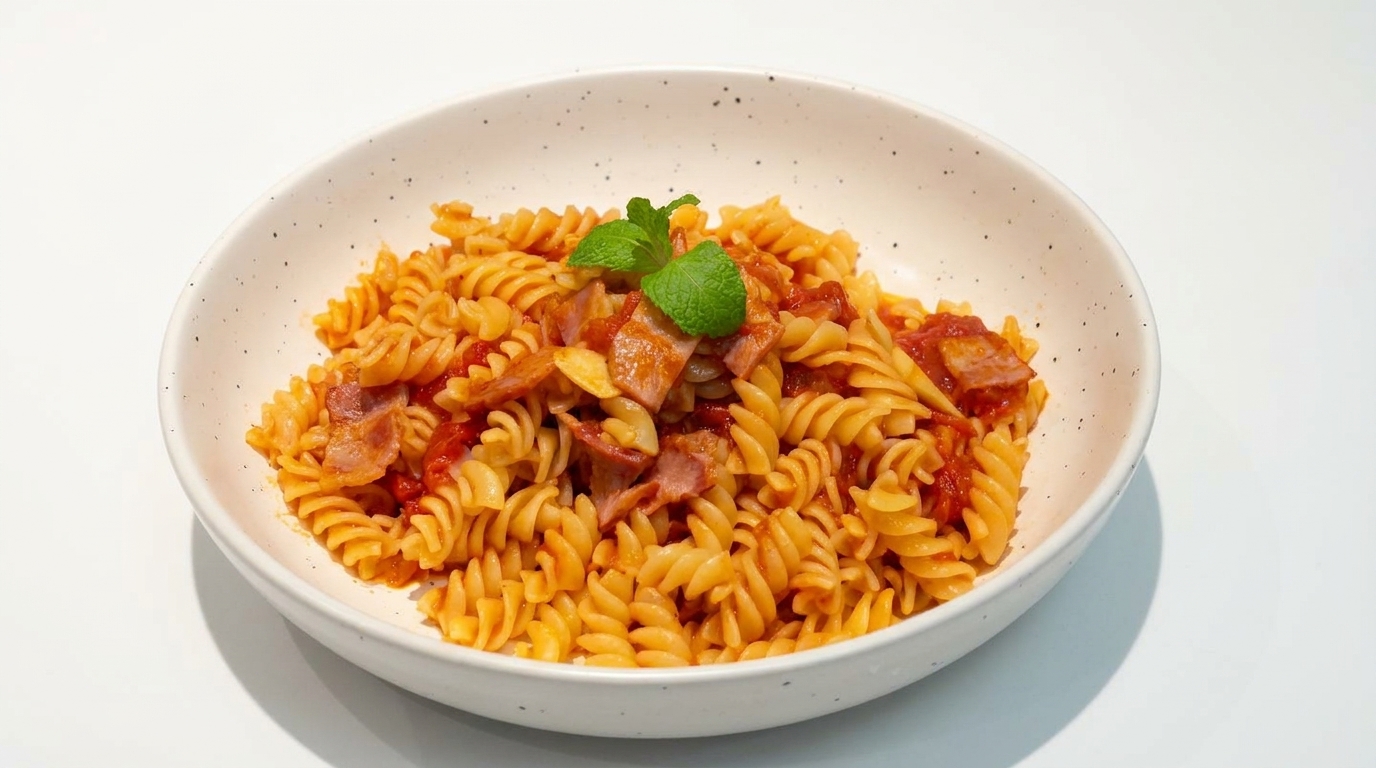 Un bol généreux de fusilli à la tomate et au bacon, délicatement garni dune feuille de menthe fraîche.