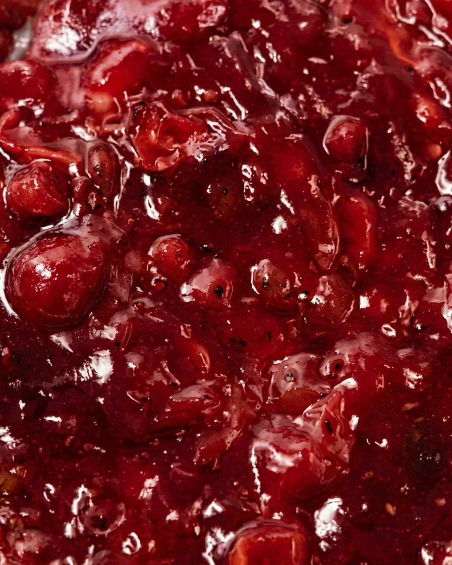Gros plan dassaisonnements saupoudrés sur une sauce frémissante à la tomate et aux lardons.