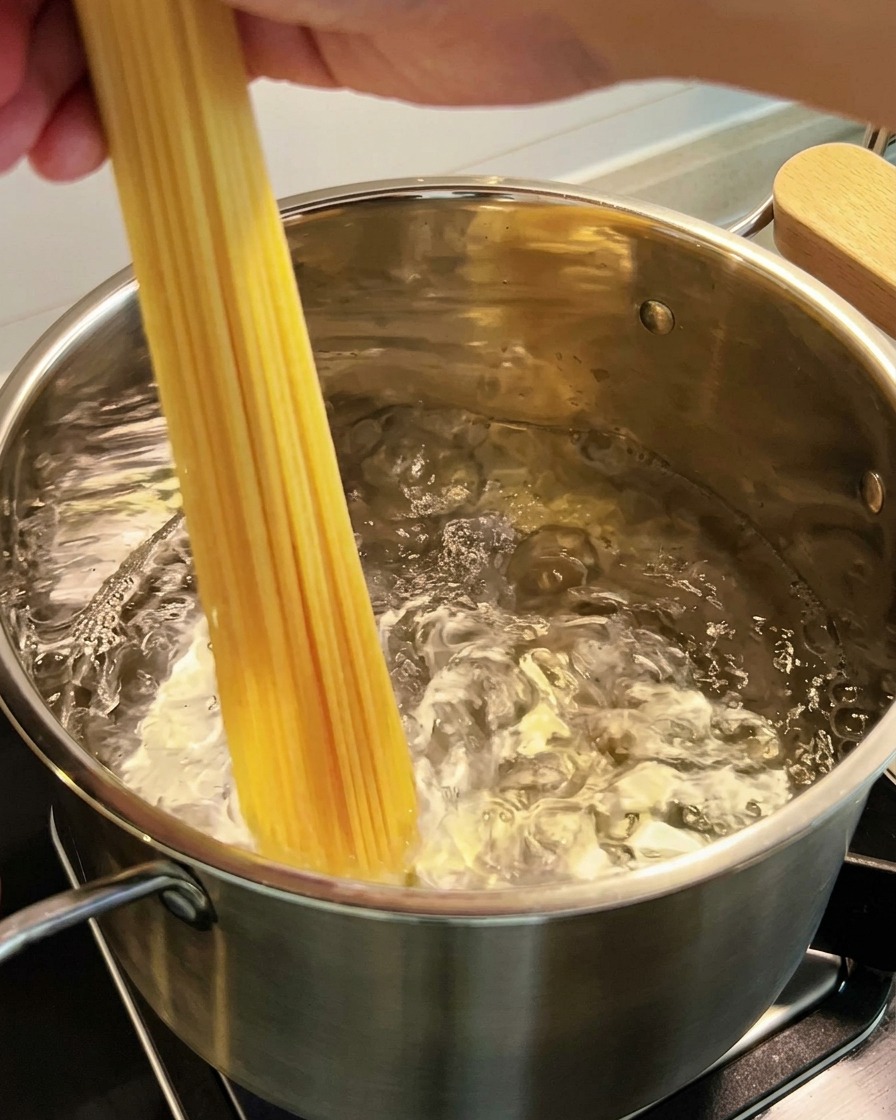 Spaghettis plongeant dans une grande casserole deau bouillante.