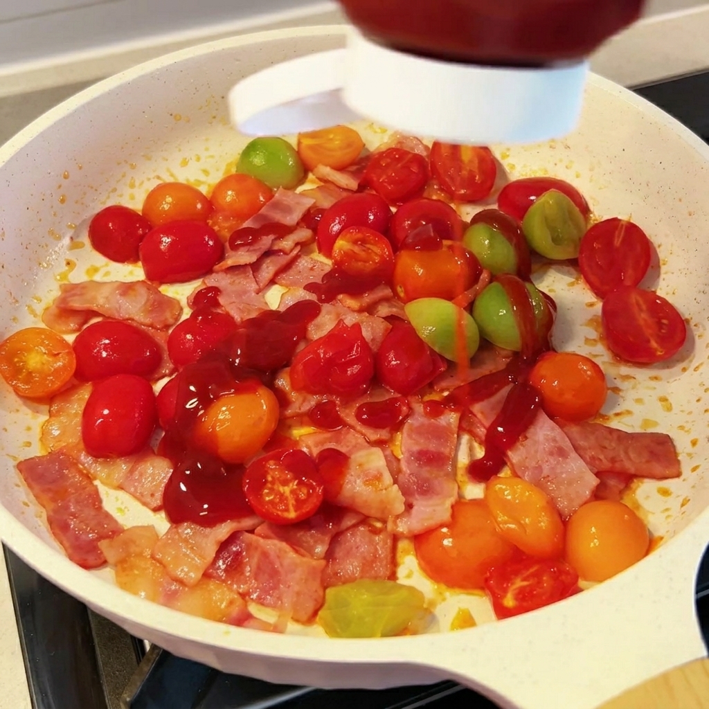 Sauce tomate versée sur le bacon et les tomates dans la poêle.