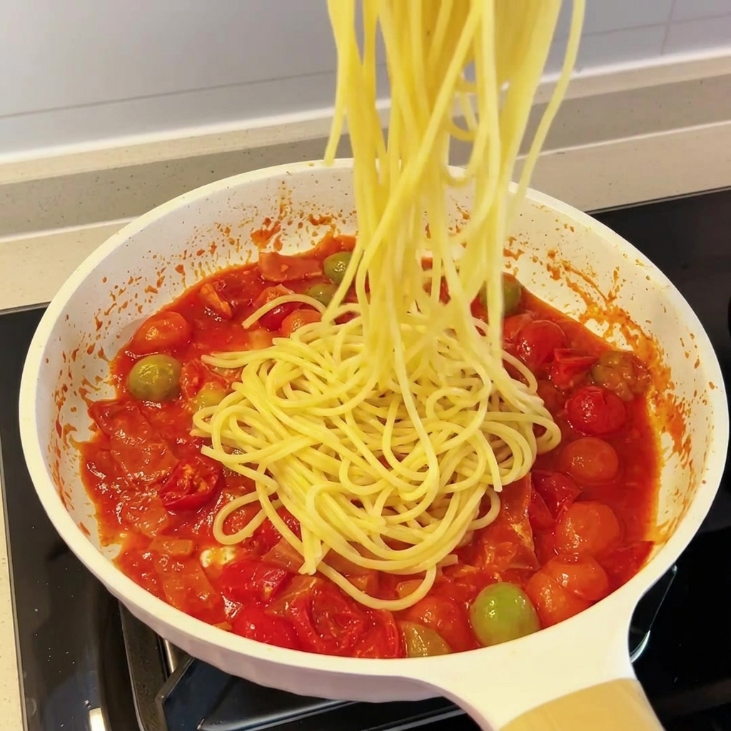 Spaghettis mélangés avec la sauce crémeuse au bacon.