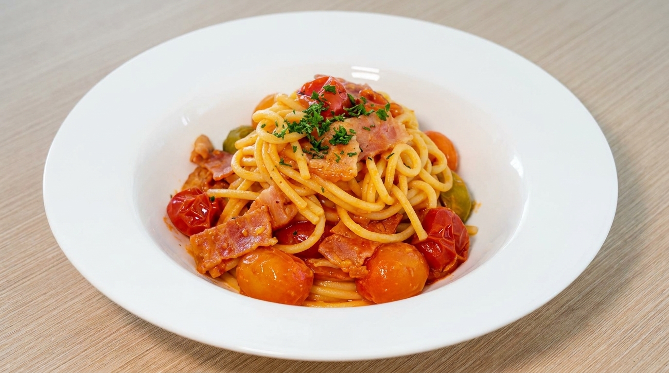 Pâtes au Bacon, Tomates Cerises et Fromage Fondant
