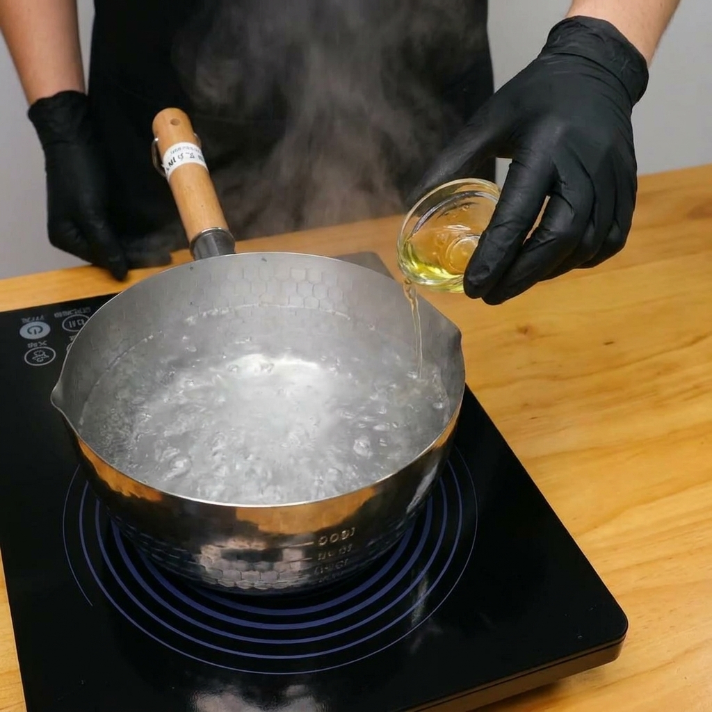 Pennes sèches plongées dans une casserole deau bouillante.