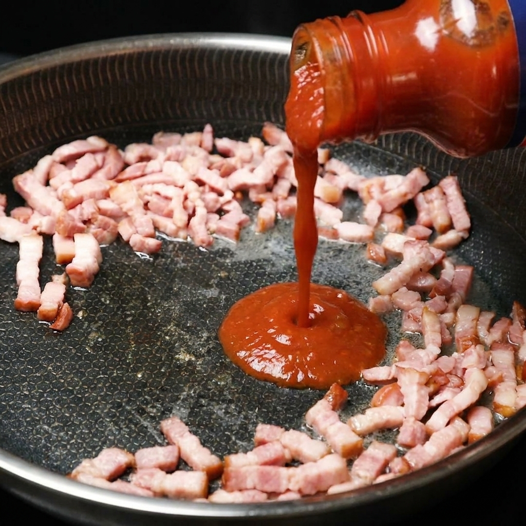 Sauce tomate aux légumes versée dans la poêle contenant le bacon.