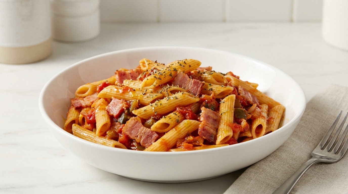 Pennes savoureuses au bacon et aux légumes