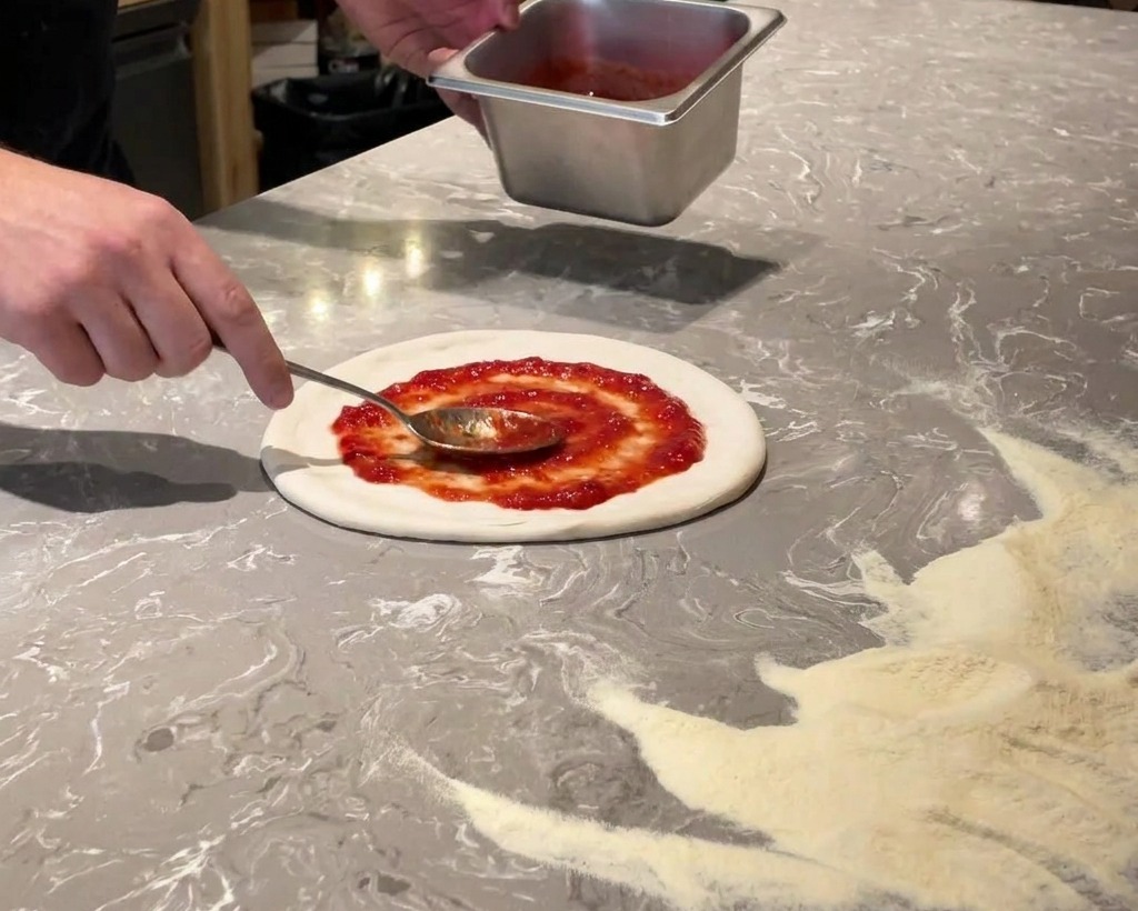 Une cuillère en métal étalant une sauce tomate rouge vif en mouvements circulaires sur un disque de pâte.