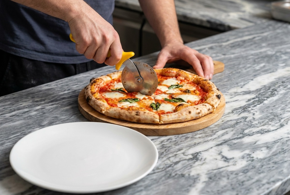 Une base de pizza crue garnie de morceaux de mozzarella blanche et de feuilles de basilic vert.