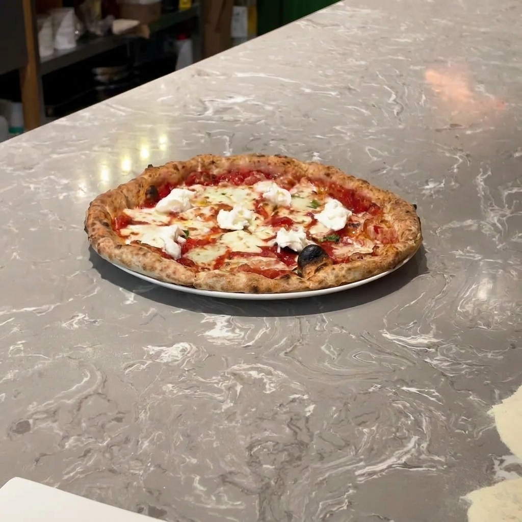 De la mozzarella di bufala fraîche étant déchirée et déposée sur une croûte de pizza cuite.