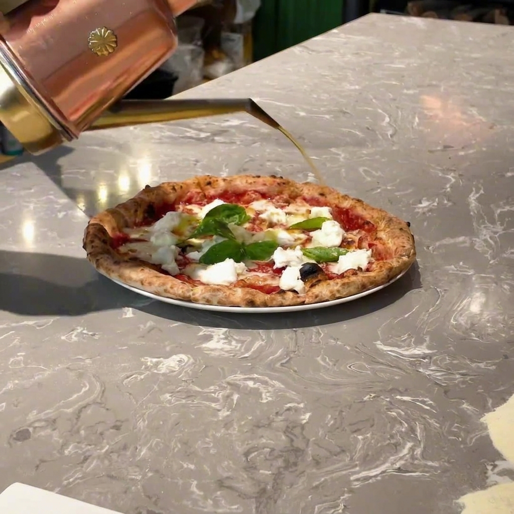 De lhuile dolive versée en filet sur une pizza terminée garnie de basilic et de mozzarella.