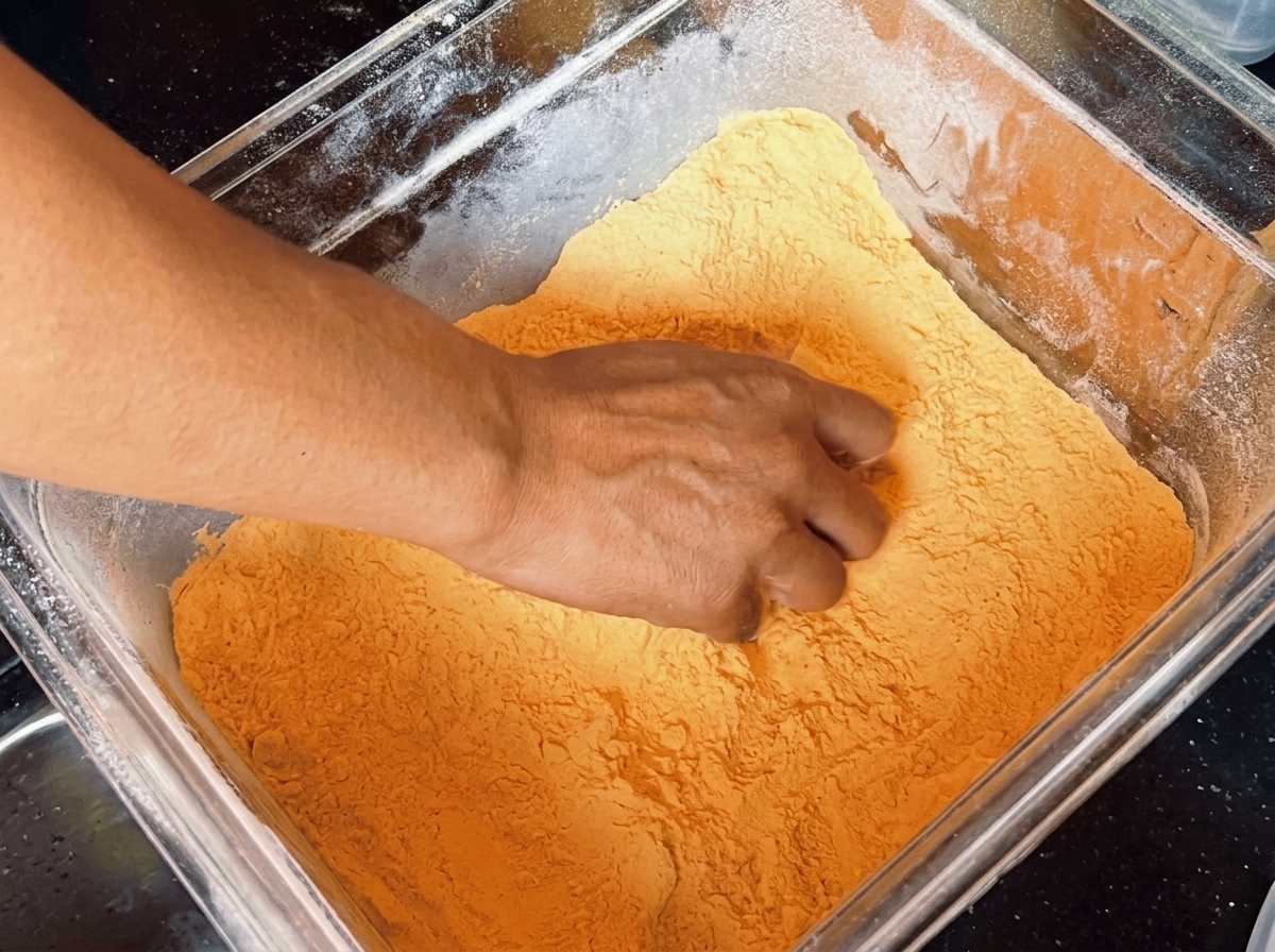 Pâte à pizza déposée dans un récipient avec de la semoule de maïs jaune.